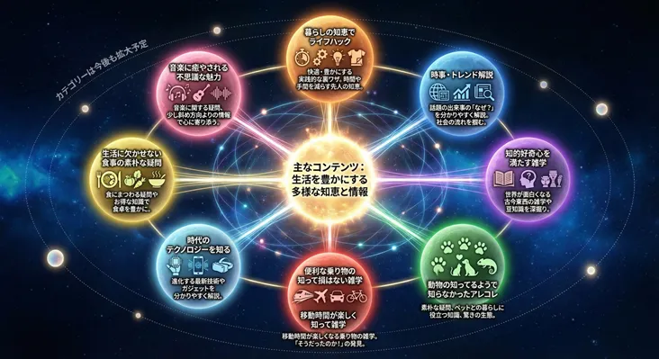 「生活を豊かにする多様な知恵と情報」を核とした8つのコンテンツカテゴリーの相関図。ライフハック、時事トレンド解説、知的好奇心を満たす雑学、動物の生態、乗り物の雑学、テクノロジー、食の疑問、音楽の魅力の8分野をアイコンと共に紹介。