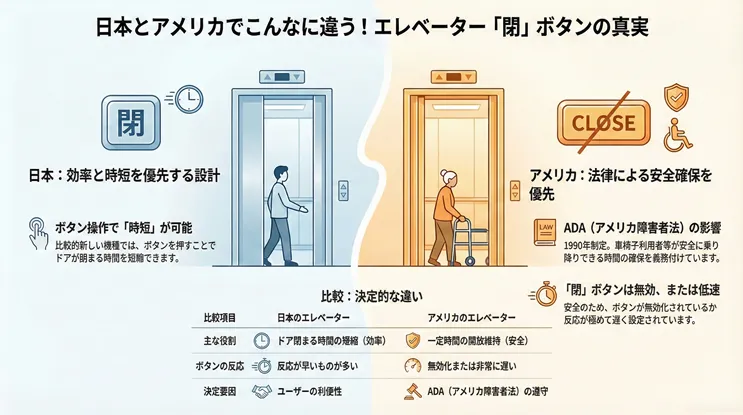 日本とアメリカにおけるエレベーター「閉」ボタンの機能と役割の違いを解説した比較図解。日本では「効率と時短」を重視しボタン操作で閉まる時間が短縮される一方、アメリカでは「ADA(アメリカ障害者法)」に基づき高齢者や車椅子利用者の安全確保を優先するため、閉ボタンが無効化または反応が非常に遅く設定されている事実を、イラストと対比表で詳述している。