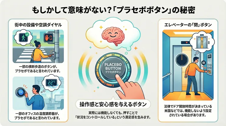 もしかして意味がない?「プラセボボタン」の秘密と心理効果を解説した図解。エレベーターの「閉」ボタン、横断歩道の押しボタン、オフィスの空調ダイヤルなど、実際には機能しないが「操作感と安心感」を与えるために設置されている具体例を紹介。押すことで脳が「状況をコントロールしている」と感じる満足感や、米国での法的背景によるエレベーターの設定についても説明されている。