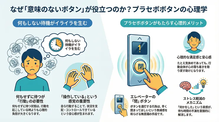 なぜ「意味のないボタン」が役立つのか?プラセボボタンの心理学的メカニズムとストレス軽減効果を解説した図解。左側では「何もしない待機がイライラを生む」理由として、ただ待つことの心理的負担と、自分で状況をコントロールしたいという「操作している感覚」の重要性を説明。右側では具体的なメリットとして、エレベーターの「閉」ボタンを例示。ボタン連打などの行動自体が、早く閉まってほしいという焦燥感を和らげ、心理的な満足感と安心感をもたらす仕組みを紹介している。