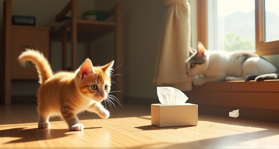 子猫の狂走と成猫の落ち着きを比較したイメージ