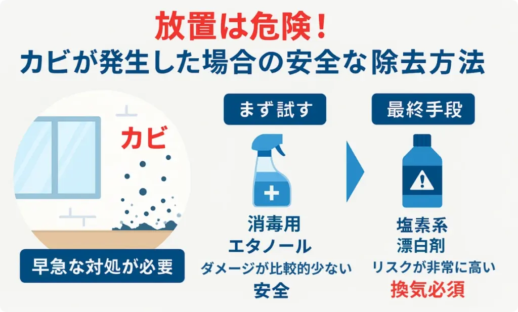 「カビ」が発生した場合の安全な除去方法の図解