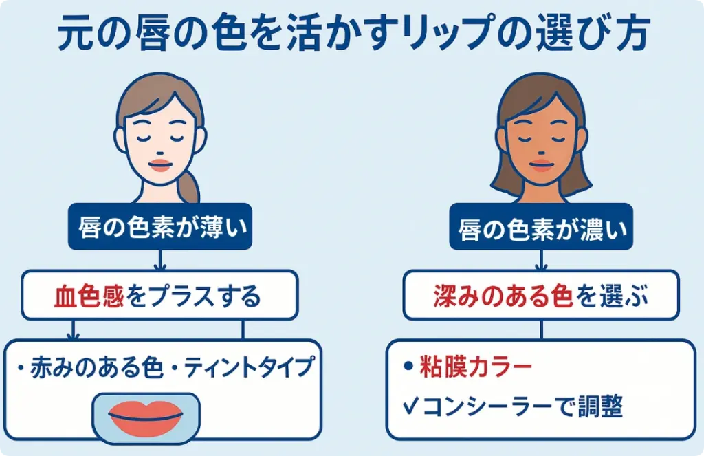 元の唇の色を活かすリップの選び方の図解