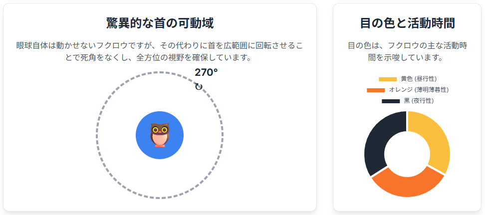首の可動域、目の色と活動時間