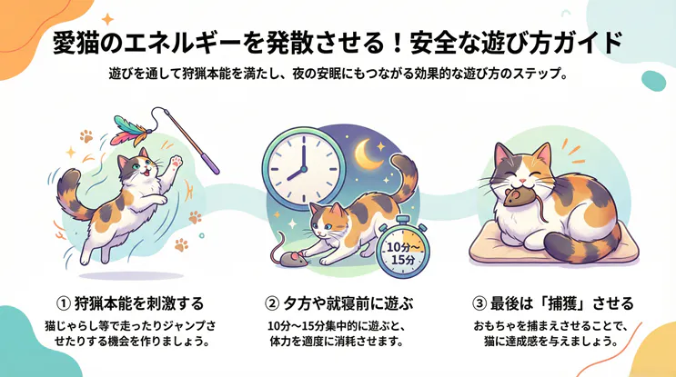 愛猫のエネルギーを発散させる「安全な遊び方ガイド」のインフォグラフィック。猫の狩猟本能を満たし、夜の安眠につなげる3つのステップを解説。①狩猟本能を刺激する:猫じゃらしで走る・飛ぶ動きを作る。②夕方や就寝前に遊ぶ:10〜15分集中して体力を消耗させる。③最後は「捕獲」させる:おもちゃを捕まえさせて達成感を与える。三毛猫が楽しそうに遊び、最後におもちゃを咥えて満足しているイラスト。