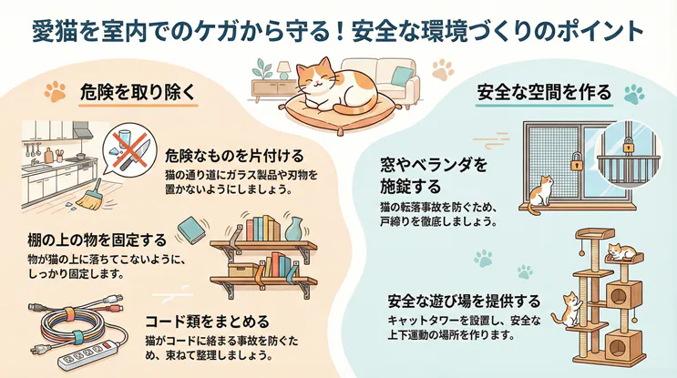 愛猫を室内のケガから守るための安全な環境づくりのポイントをまとめたイラスト。左側には「危険を取り除く」対策として、刃物やガラス製品の片付け、棚の上の物の固定、電気コードの整理が描かれています。右側には「安全な空間を作る」対策として、窓やベランダの施錠による転落防止、キャットタワーの設置による安全な遊び場の提供が紹介されています。猫が室内で安心して過ごすための飼い主向けチェックリストです。