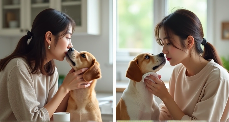 飼い主の顔を舐める犬と舐めない犬の比較