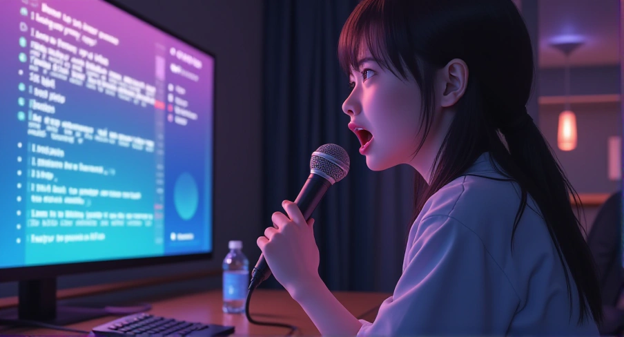 自宅でカラオケ練習をする女性｜パソコン画面を見ながらマイクで発声し、音程や高音の安定を目指すボイトレの様子
