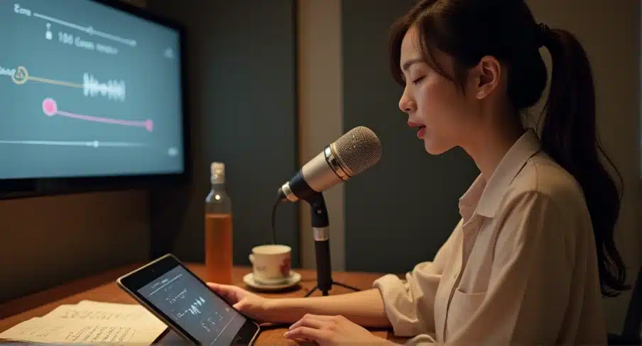 カラオケ採点機能を活用しながら音程練習を行う女性｜マイクとタブレットを使ってピッチ分析を確認し、音程バーを意識して発声練習する様子
