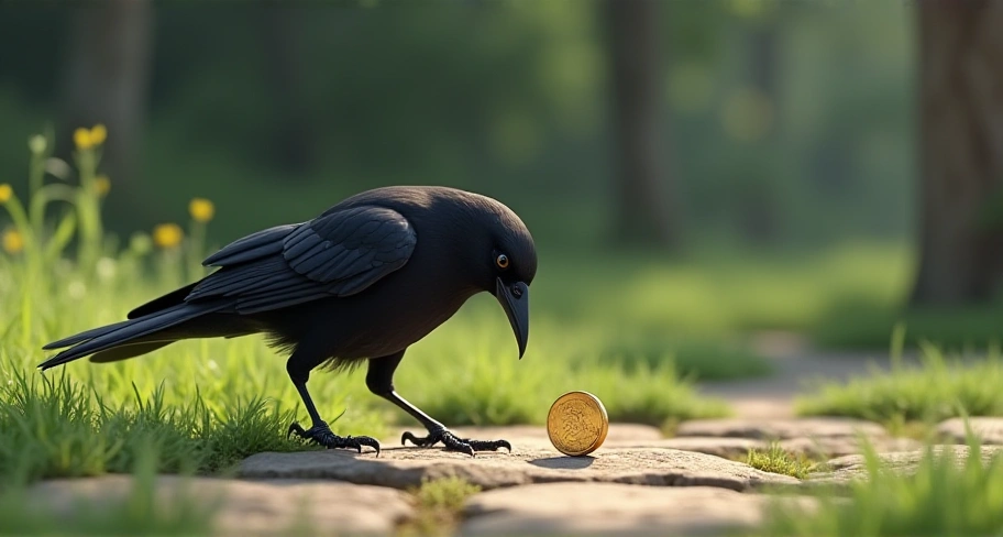 カラスが光るコインを見て、警戒しているイメージ