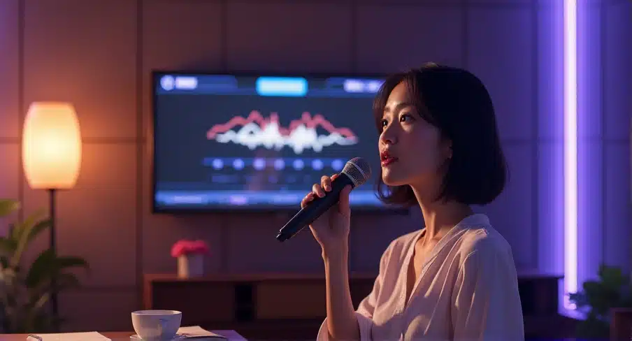 カラオケ採点画面を見ながら音程チェックを行う女性｜音声波形グラフを参考に、ピッチや声のブレを確認しながら歌唱力の安定を目指す練習風景