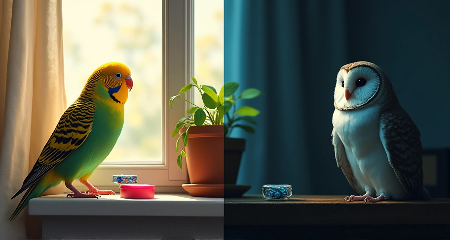 インコとフクロウの生活リズム比較|昼行性・夜行性の違いを表す対照的な室内風景