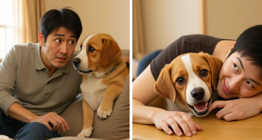 愛犬がおならをしてとぼけているイメージ