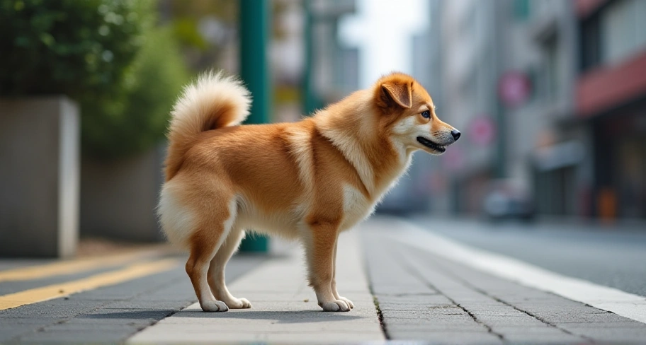 犬が棒立ちで立ち止まっている様子