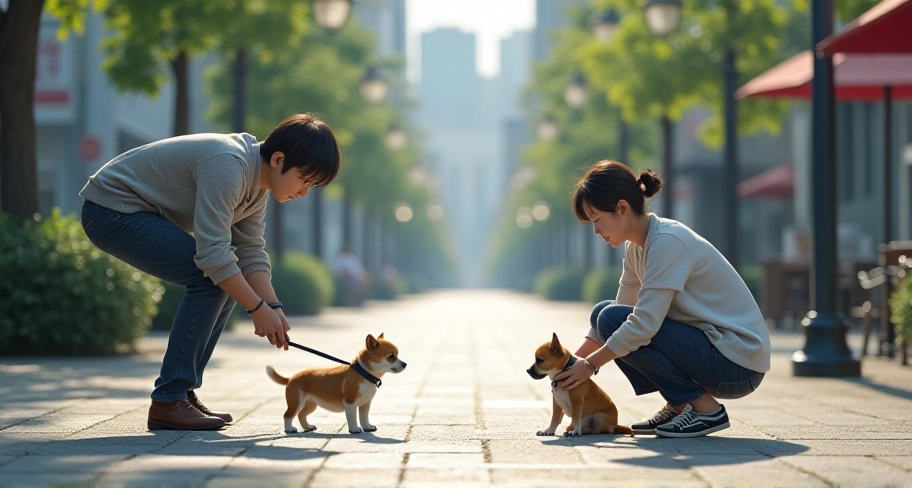 愛犬に対しての行動を見守っている様子