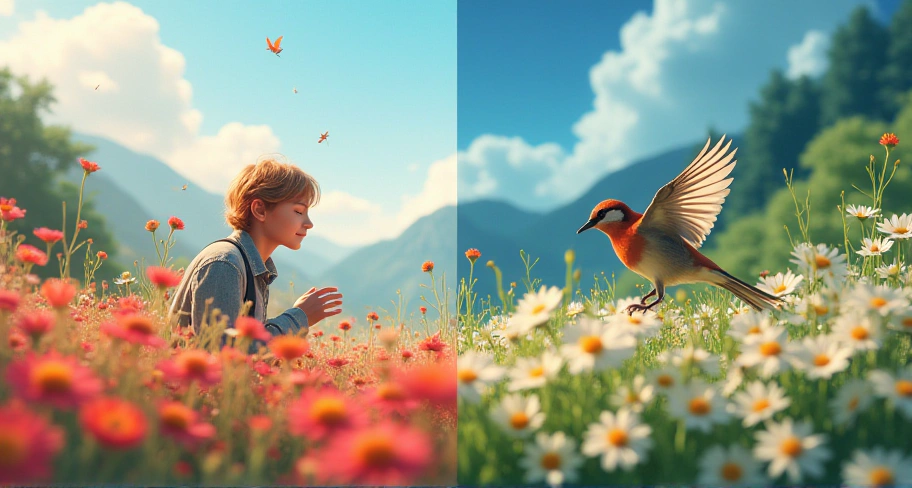 野の花に囲まれて静かに鳥を見つめる少年の優しいまなざしと、羽ばたく鳥の瞬間