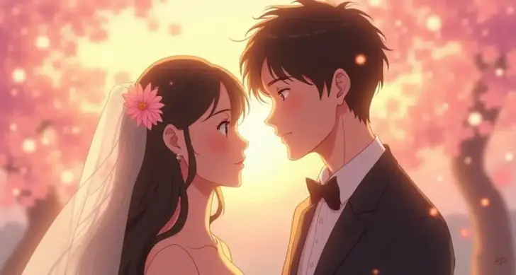 ウェディングドレスとタキシード姿のカップルが見つめ合うアニメ風イラスト