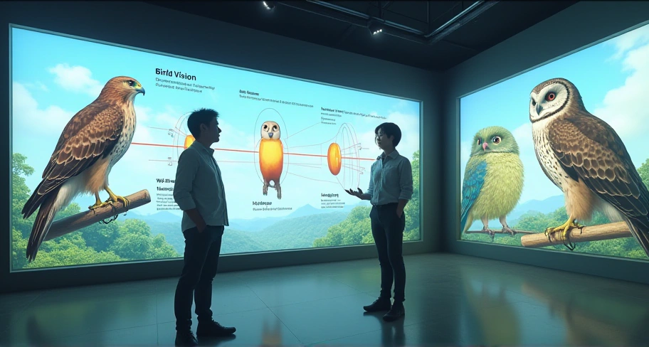 タカやフクロウの視覚の仕組みを解説する博物館展示と来場者の様子