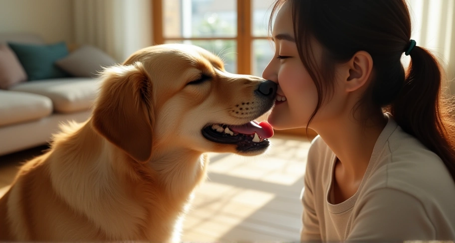 飼い主を舐めている犬の画像