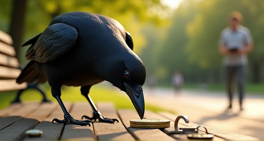 カラスがコインをつついている様子