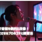 カラオケで音程と高音を安定させる練習法｜自宅でマイクを使って発声練習を行う女性のイメージと『音程改善』『高音のコツ』『カラオケ上達法』を紹介するタイトル入り画像
