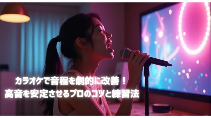 カラオケで音程と高音を安定させる練習法｜自宅でマイクを使って発声練習を行う女性のイメージと『音程改善』『高音のコツ』『カラオケ上達法』を紹介するタイトル入り画像