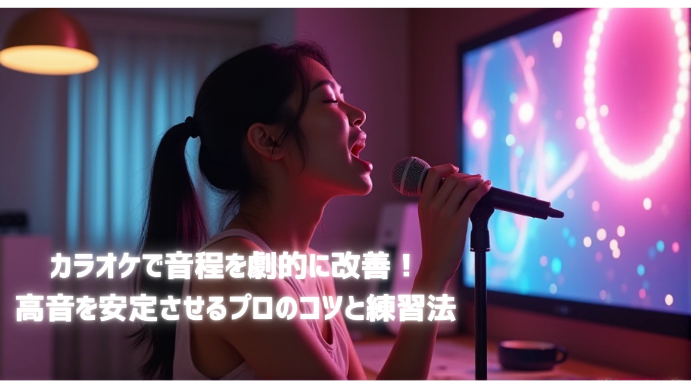 カラオケで音程と高音を安定させる練習法｜自宅でマイクを使って発声練習を行う女性のイメージと『音程改善』『高音のコツ』『カラオケ上達法』を紹介するタイトル入り画像