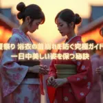 夏祭り-浴衣の着崩れを確認している