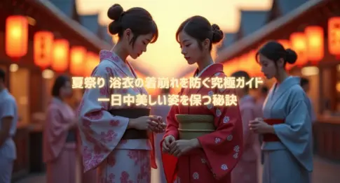 夏祭り-浴衣の着崩れを確認している