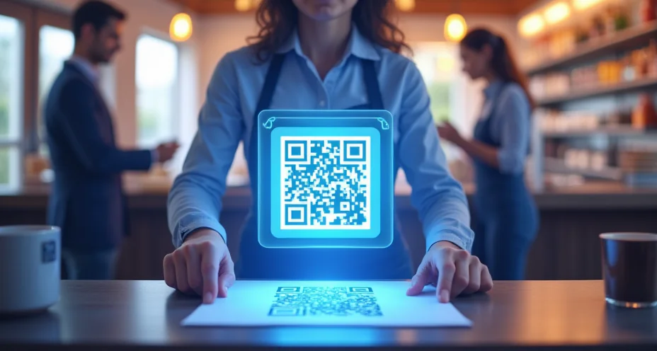 カフェやレストランなど飲食店でのQRコード決済。店員が案内するQRコードをスマートフォンでスキャンするだけで、キャッシュレスで簡単に支払いができる利便性を表現。