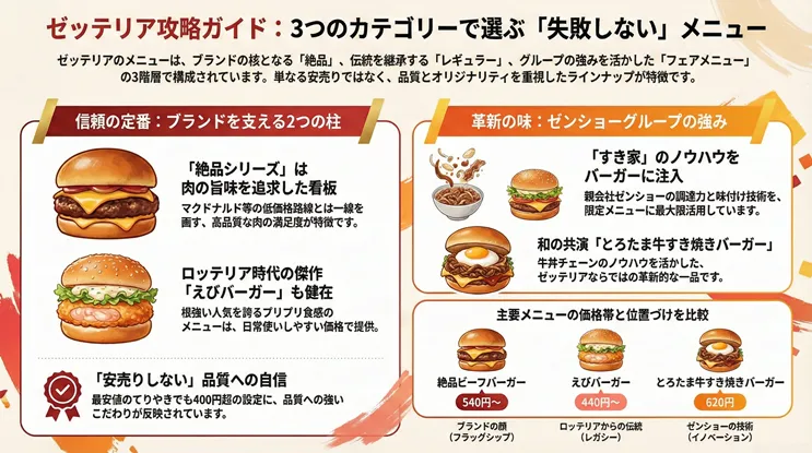 ゼッテリア(ZETTERIA)のメニュー攻略ガイド図解。ブランドの核となる「絶品バーガー(540円〜)」、ロッテリア時代からの伝統「えびバーガー(440円〜)」、親会社ゼンショーグループ(すき家)の技術を活かした「とろたま牛すき焼きバーガー(620円)」の3つのカテゴリーによる構成や特徴を比較。単なる安売りではなく品質を重視した価格設定や、各メニューの位置づけ(フラッグシップ・レガシー・イノベーション)を解説した一覧表。