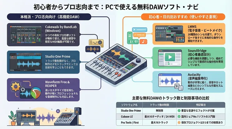 初心者からプロ志向までPCで使える無料DAWソフトの比較図解。本格派向け(Cakewalk by BandLab、Studio One Prime、Waveform Free & REAPER)と、初心者・目的別おすすめ(LMMS、SoundBridge、Audacity)の特徴を分類。さらに主要DAW(Studio One Prime、Cubase LE、Pro Tools | First)のトラック数制限や特記事項を一覧表で解説。