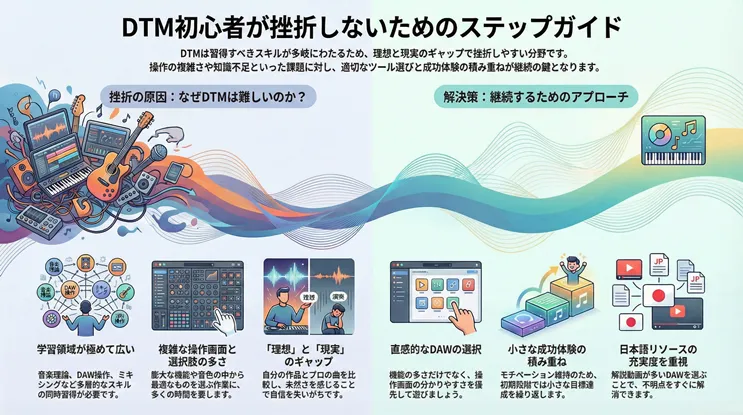 DTM初心者が挫折しないためのステップガイド。学習領域の広さやDAWの複雑な操作といった「挫折の原因」に対し、直感的なツールの選択、小さな成功体験の積み重ね、日本語リソースや解説動画の充実度を重視する「継続のための解決策」を対比させたインフォグラフィック。