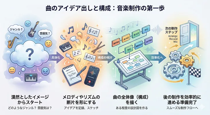 作曲のアイデア出しから構成決定までの音楽制作フロー図。漠然としたイメージの具体化、ボイスメモへのメロディ・リズムのスケッチ、Aメロ・サビ・ブリッジなど楽曲構成(設計図)の作成を経て、アレンジ・録音・ミックスへ効率的に進むための4段階のプロセスを初心者にも分かりやすく解説。
