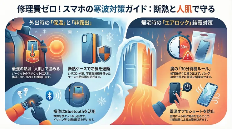修理費ゼロ!スマホの寒波対策ガイド:断熱と人肌で守る。外出時の「保温」と「非露出」テクニックとして、ジャケットの内ポケットに入れ体温(30〜36℃)で維持する方法、シリコンや革製の断熱ケースでの冷気遮断、Bluetooth活用による操作を紹介。帰宅時の「エアロック」結露対策として、急な温度変化を避けるためバッグに入れたまま30分待機するルールや、内部結露によるショート故障を防ぐために電源オフにする手順を解説したインフォグラフィック。冬の寒さや雪によるスマートフォンの不具合を防ぐ完全マニュアル。