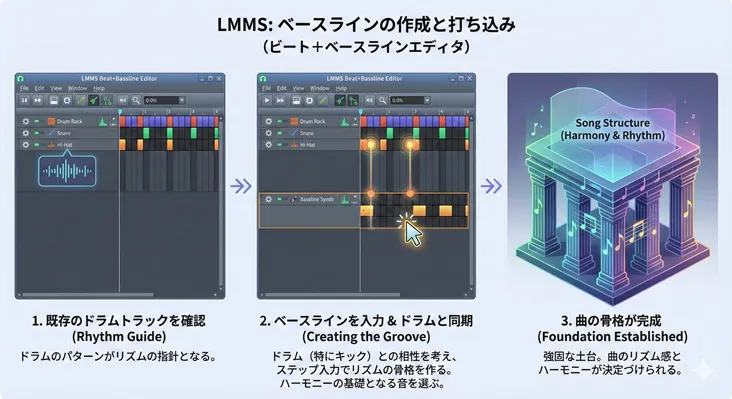 LMMSのビート+ベースラインエディタを使用したベースラインの作成と打ち込み手順の解説図。ステップ1「ドラムトラックの確認」でリズムの指針を定め、ステップ2「ベースラインの入力とドラムとの同期」でキックに合わせたステップ入力を行いグルーヴを作成。ステップ3「曲の骨格が完成」でリズムとハーモニーの土台が構築されるまでのDTM作曲フローを3段階で可視化。