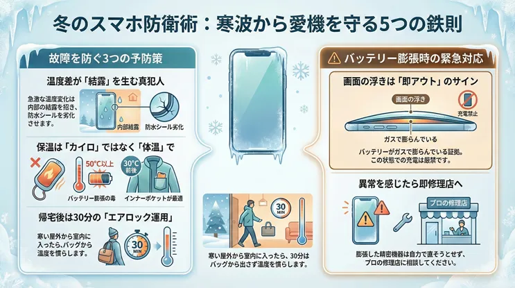 冬のスマホ防衛術と寒さ対策のインフォグラフィック。寒波による急激な温度差は内部結露や故障の原因となるため、カイロを使わず体温で保温し、帰宅後は30分バッグに入れたまま温度を慣らすことを推奨しています。また、バッテリー膨張による画面浮きが見られる場合は充電を避け、速やかにプロの修理店へ相談するよう警告しています。