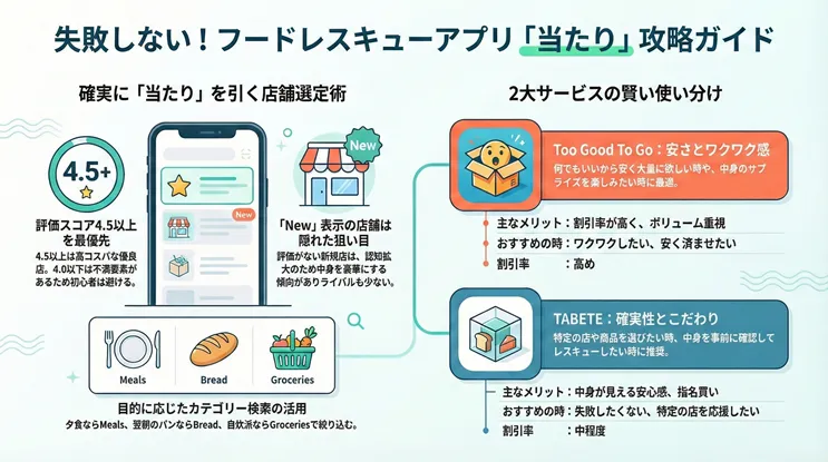 失敗しない!フードレスキューアプリ「当たり」攻略ガイドの図解。確実に当たりを引く店舗選定術として、評価スコア4.5以上の優先、New表示の新規店舗狙い、カテゴリー検索の活用を推奨。また、2大サービスの賢い使い分けとして「Too Good To Go」は安さとワクワク感・高割引率を、「TABETE」は中身が見える確実性と指名買いをメリットとして比較解説している。