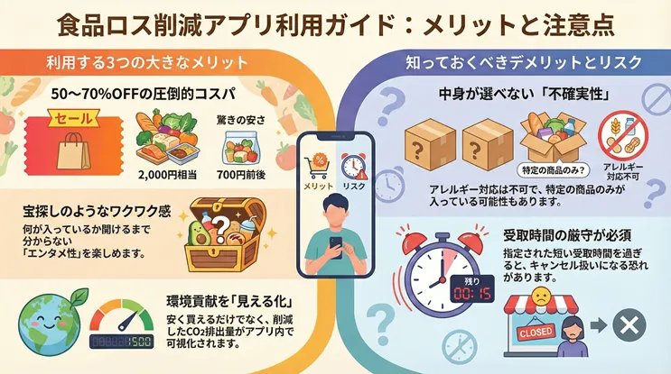 食品ロス削減アプリ利用ガイドの図解:50~70%OFFの圧倒的コスパや宝探しのようなエンタメ性、CO2削減の見える化といった3つのメリットと、中身が選べない不確実性(アレルギー対応不可)や受取時間の厳守が必要というデメリット・リスクを比較解説。