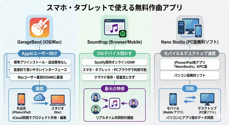 スマホ・タブレットで使える無料作曲アプリ3選(GarageBand、Soundtrap、Nano Studio)の機能比較チャート。Appleユーザー向けの「GarageBand(ガレージバンド)」は、追加費用なしの標準搭載で直感的な操作が可能。iCloud同期により外出先のiPhone/iPadとスタジオのMac間でプロジェクトを共有・編集できる。Spotify提供の「Soundtrap(サウンドトラップ)」は、OSやデバイスを問わずブラウザで利用可能なオンラインDAWで、リアルタイム共同制作機能が最大の特徴。「Nano Studio(ナノスタジオ)」は、iPhone/iPad用モバイルアプリと無料のPC版ソフト間でデータ同期が可能。DTM初心者やモバイル環境での音楽制作に適した各DAWの対応デバイスと連携機能を解説した図解。