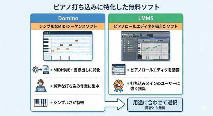 ピアノ打ち込みに特化した無料ソフト「Domino」と「LMMS」の機能比較図。DominoはシンプルなMIDIシーケンスソフトとしてMIDI作成・書き出しに特化し、純粋な作業に集中できるのが特徴。一方、LMMSはピアノロールエディタを備え、打ち込みメインのユーザーに強く推奨される。両者とも無料で、用途に合わせて選択することを提案している。
