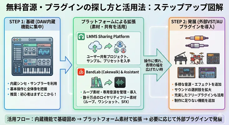 無料音源・プラグインの探し方と活用法のステップアップ図解。DTM初心者がDAW内蔵機能(シンセ・サンプラー)で基礎を固めるSTEP1から、LMMSやBandLab(Cakewalk)などのプラットフォームでロイヤリティフリー素材や共有プロジェクトを活用する段階を経て、最終的に外部VST/AUプラグインを導入し表現の幅を広げるSTEP2までのロードマップを解説。