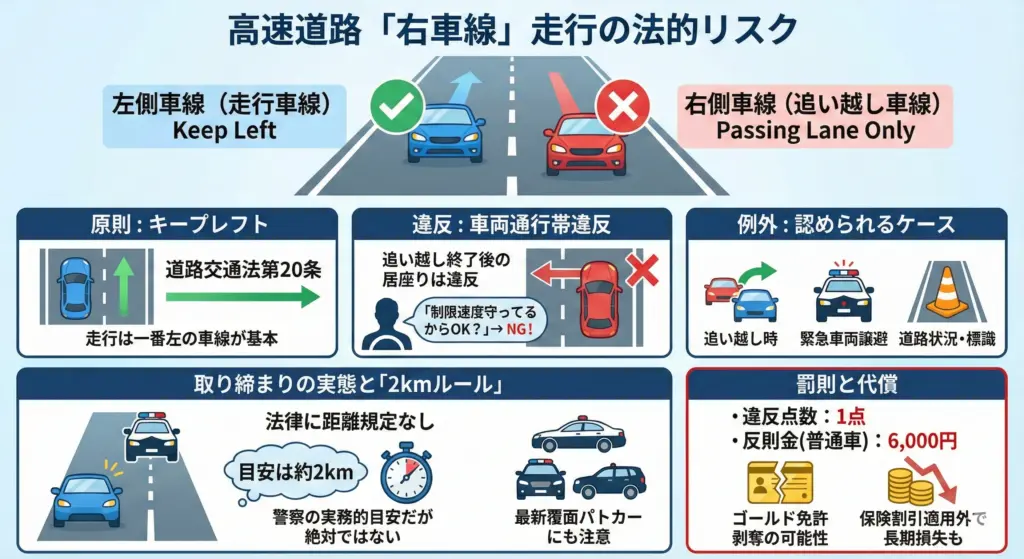 高速道路の追い越し車線(右車線)を走り続けると問われる「車両通行帯違反」の図解。キープレフトの原則、取り締まり基準の2kmルール、違反点数1点・反則金6,000円などの罰則リスクを解説。