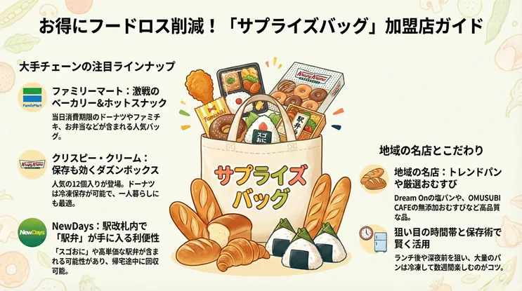 お得にフードロス削減!「サプライズバッグ」加盟店ガイドのインフォグラフィック。大手チェーンの注目ラインナップとして、ファミリーマート(パン・ファミチキ)、クリスピー・クリーム・ドーナツ(ダズンボックス)、NewDays(駅弁・スゴおに)の特徴を紹介。地域の名店(Dream On、OMUSUBI CAFE)のパンやおむすび、狙い目の時間帯や冷凍保存のコツも解説。