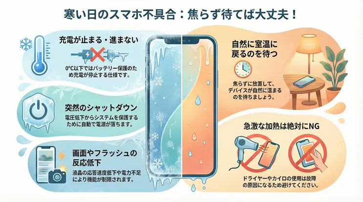 寒い日のスマホ不具合と正しい対処法。「充電が止まる」「突然のシャットダウン」「画面反応の低下」など0度以下でのバッテリー症状や、ドライヤー・カイロを使わず「自然に室温に戻す」という解決策、急激な加熱が故障の原因になるNG行為を図解で解説。