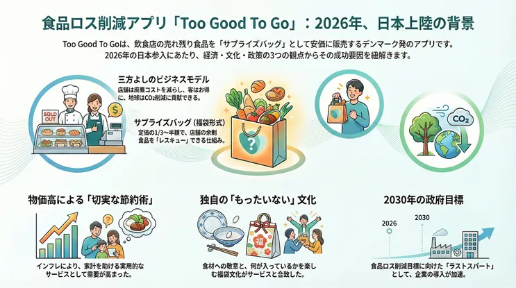 2026年日本上陸の食品ロス削減アプリ「Too Good To Go」の成功背景と仕組みを解説したインフォグラフィック。デンマーク発のこのアプリは、飲食店の売れ残り食品を定価の3分の1から半額程度の「サプライズバッグ(福袋形式)」として販売し、食品ロスをレスキューする仕組み。画像では、日本での普及要因として「物価高・インフレによる節約需要の高まり」「日本独自の『もったいない』精神および福袋文化との親和性」「2030年の食品ロス削減政府目標に向けた企業の導入加速」の3点を図解。店舗は廃棄コスト削減、利用者は安価に購入、地球はCO2削減ができる「三方よし」のビジネスモデルであることが示されている。