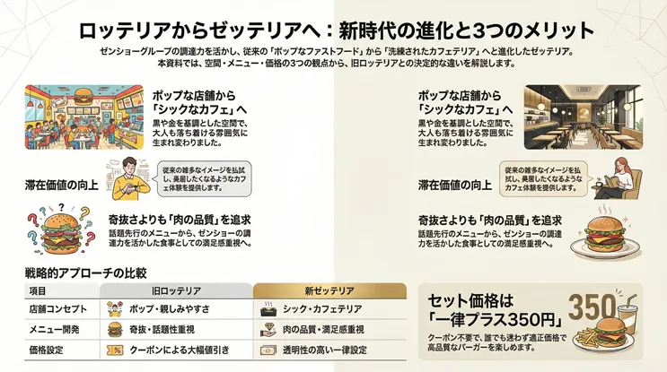 ロッテリアからゼッテリアへの進化と3つのメリットを解説した比較図解。ゼンショーグループの調達力を活かし、「ポップなファストフード」から「シックなカフェテリア」へ転換した違いを、空間・メニュー・価格の観点で比較。旧ロッテリアの「話題性重視・クーポン値引き」に対し、新ゼッテリアは「肉の品質重視・透明性の高い一律セット価格(プラス350円)」という戦略的アプローチの違いと、滞在価値の向上を一覧表とイラストで詳説している。