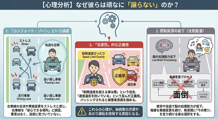 追い越し車線を譲らない車の心理分析図解。コンフォートゾーンの誤認・自警団的な正義感・認知資源の低下(注意散漫)の3つの要因が、高速道路の渋滞やあおり運転を誘発するメカニズムを解説。