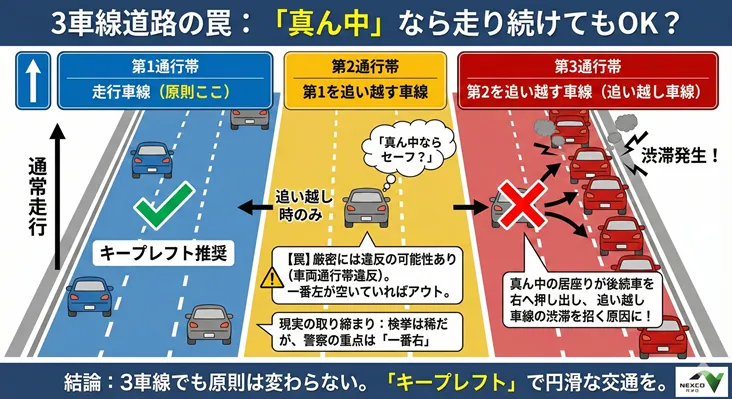 3車線道路の通行帯ルールとキープレフトの原則解説図。第2通行帯(真ん中の車線)を走り続けることは車両通行帯違反の可能性があり、追い越し車線の渋滞を招く「3車線道路の罠」として注意喚起。一番左の第1通行帯を走行するのが原則であり、正しい走行位置をNEXCO西日本が図解。