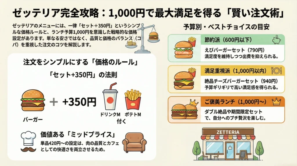 ゼッテリア完全攻略:1,000円で最大満足を得る「賢い注文術」の図解。バーガー単品価格にプラス350円でポテトMとドリンクMが付く「セット+350円」の価格ルールや、品質と価格のバランス(ミッドプライス)について解説。また、ランチ予算別のベストチョイスとして、節約派向けの「えびバーガーセット(790円)」、満足重視派向けの「絶品チーズバーガーセット(940円)」、ご褒美ランチ向けの「ダブル絶品」など、コスパを意識したおすすめメニュー構成を紹介している。